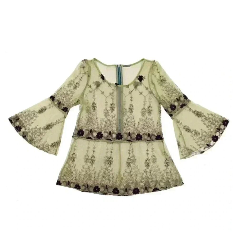 Green Sheer Mesh Floral Embroidered Bell Sleeve‎ Boho Blouse Top Womens Size M